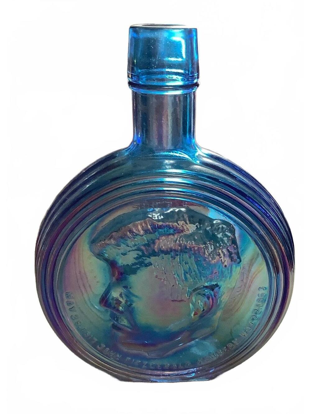 Vintage Wheaton JFK John F Kennedy First Edition Blue Iridescent Glass Decanter